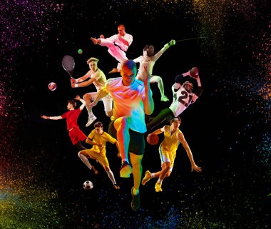 Parlak aksiyon kolajı, hareketin ve gücün altını çizerek, karanlık arka planda neon ışığı altında yakalanan sporcularla birlikte. Farklı spor türleri, şampiyonluk, lig kavramları. Ad