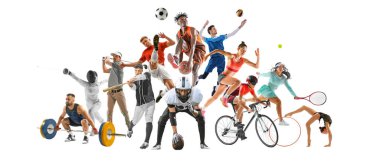 Canlı, enerjik kolaj. Çeşitli sporlarda çeşitli sporcuların sıralaması, hepsi beyaz arka plana karşı harekete geçiyorlar. Farklı spor türleri, şampiyonluk, lig kavramları. Ad
