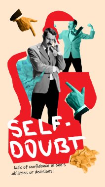 Contemporary art collage. Self-doubt. Businessman in thought, surrounded by pointing fingers and multiple versions of himself. Lack of confidence in decisions. Concept of mental health, inner conflict clipart