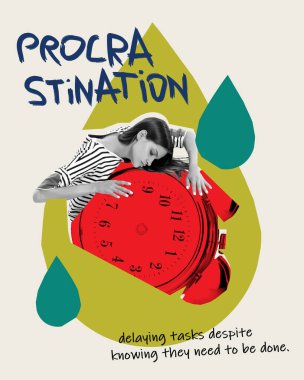 Contemporary art collage. Woman slumped over giant red clock, symbolizing delaying tasks despite knowing it need to be done. Concept of procrastination, time management, unproductiveness. clipart