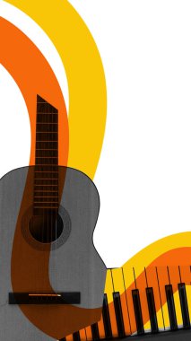 Poster. Çağdaş sanat kolajı. Gitar ve klavye soyut turuncu ve sarı dalgalarla iç içe geçerek klasik müzikle modern estetiği karıştırıyor. Müzikal olaylar kavramı, ritim. Ad