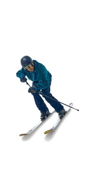 Mavi kıyafetli, dengeli ve odaklanmış, orta eğimli, beyaz stüdyo geçmişine karşı meydan okumaya hazırlanan bir sporcu. Aşırı kış sporları, eğlence anlayışı. Ad