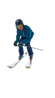 Kayakçı bir sonraki yokuş aşağı mücadelesine hazırlanırken, elinde direklerle hafifçe eğiliyor. Hassasiyet ve hazırlık duruşunu belirler. Ekstrem kış sporları, tatil, tatil, hız, eğlence kavramı