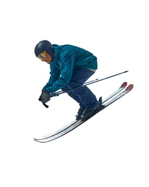 Kayakçı havada sıçrıyor, kayaklar paralel, mükemmel atlayışı gerçekleştiriyor. Beyaz arka planda havada uçarken vücudu denge ve kontrol için hizalandı. Aşırı kış sporları, eğlence anlayışı. Ad