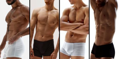 İç çamaşırlı atletik erkekler topluluğu. Her biri kendine güvenen, fit vücutlarını ve modasını sergileyen insanlar. Fitness, vücut geliştirme, estetik, tarz kavramı. AD