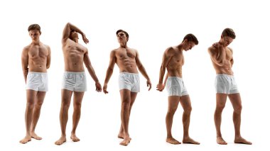 Kaslı erkek pozları kolajı, her biri vücudun farklı kısımlarını vurguluyor ve fitness seviyesini yansıtıyor. Vücut estetiği. Moda ve güzellik kavramı, kendini ifade etme, zindelik, sağlık. Ad