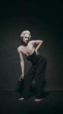 İnsan portresi, ortaçağdan kalma dengeli, neredeyse değişken duruş, moda, tarih ve dans sanatsal, bale zarafeti. Modern ve klasik, sanat, müzik ve parti, bale kavramı. Ad