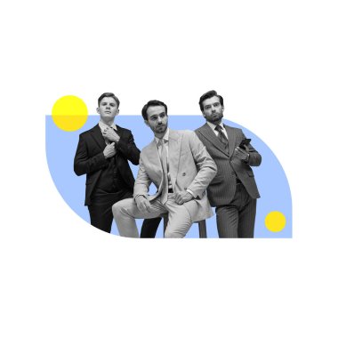 çağdaş sanat kolajı. Bir grup iş adamı, onları çerçeveleyen güçlü bir mavi çemberle gelişigüzel oturuyorlar. İşbirliği ve modern profesyonellik. Çağdaş kurumsal görsellik kavramı. Boşluğu kopyala.