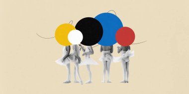 Çağdaş sanat kolajı. Küçük balerinler, balerinler, birlikte dururlar, yüzleri renkli, soyut çemberlerle yer değiştirir. Müzik ve dans kavramı, zarafet ve enerji. Reklam. Minimalist sanat tarzı.