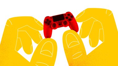 Contemporary art collage. Two yellow hands with red gaming controller against white background. Iconic combo for gamers. Concept of retro style, 2000s, gestures, generation clipart