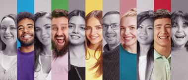 Renkli fotoğraf kolajı. Bölünmüş tonlar ve tek renkli filtreler. Gençler neşe ve birlikteliği vurguluyor. Güzellik ve gençlik kavramı, farklılık, sosyal, çeşitlilik, insani duygular. Ad