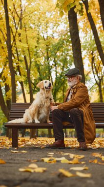 Yaşlı bir adam şık retro giysiler giymiş. Aktif bir işten sonra safkan Golden Retriever köpeğiyle bankta oturup dinleniyor. Modern yaşam tarzında olgun insan kavramı, dinlenme, emeklilik zamanı