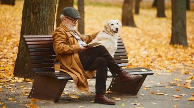 Olgun bir adam, sevimli köpeği Retriever ile bankta oturuyor ve dinlenme gününde sonbahar parkında kitap okuyor. Modern yaşam tarzında olgun insan kavramı, dinlenme, emeklilik zamanı.