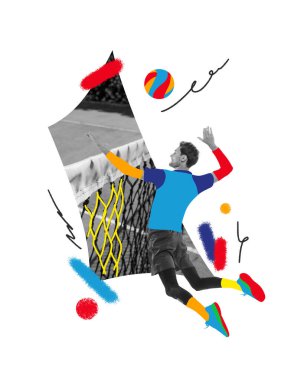 Çağdaş sanat kolajı. Voleybolcu dikenli top, renkli aksanlar, hareketler ve takım çalışmasıyla çevrili. Spor etkinliği konsepti, yarışma, şampiyonluk. Ad