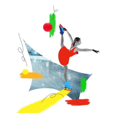 Çağdaş sanat kolajı. Soyut renkli elementlerle çevrili, çarpıcı pozlarda artistik patinajcı. Zarafeti kutlayan görseller için idealdir. Spor etkinliği konsepti, yarışma, şampiyonluk. Ad