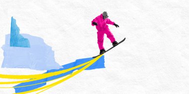 Çağdaş sanat kolajı. Snowboardcu pembe kalın turuncu giysisi bayırda keyifli bir atlayış gerçekleştiriyor. Soyut neon grafikler yüksek enerji seviyesini yükseltir. Kış sporu, yaşam tarzı, seyahat kavramı.