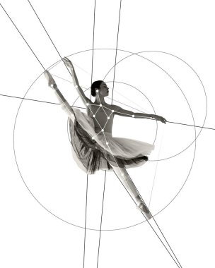 Cotemporary sanat kolajı. Balerin, dairesel geometrik desenlerle çevrili yüksek arabesk pozu vererek hareket ve hassasiyeti temsil eder. Bale, spor, modern sanat anlayışı. Ad