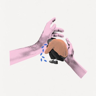 Çağdaş sanat kolajı. Kıvırcık saçlı iki el resmi kıyafet giymiş, duygusal desteği sembolize ediyor. Psikoterapi, destek, akıl sağlığı, tükenmişlik kavramı.