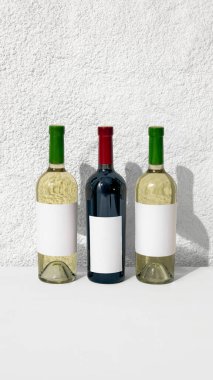 Kırmızı ve beyaz şarap şişeleri birlikte, markalaşma veya ürün tasarım vitrinleri için çok yönlü vitrinler sunuyor. Metin eklemek için negatif alan, marka adı. İçki ve yiyecek kavramı, alkol içeceği.