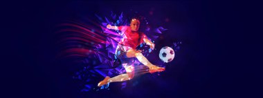 Pankart. Basketbolcu ileri doğru koşuyor, çokgen grafikler ve neon ışık dalgalarıyla çevrili, hız ve çeviklik kavramını vurgulayan rekabet, spor, hareket. Çokgen elementler.