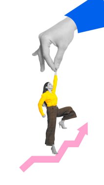 Çağdaş sanat kolajı. Kadını başarıya götürme, akıl hocalığının boşlukları nasıl doldurduğunu sembolize etme ve kişisel başarı kavramına, danışmanlık kavramına tırmanmaya yardım eli uzatma. Ad