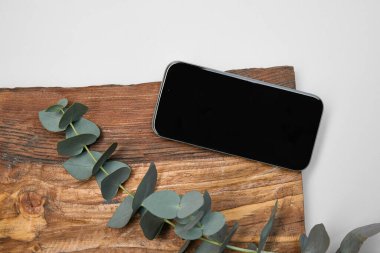 Okaliptüs yaprakları, temiz ve doğal bileşim ile vurgulanmış ahşap bir yüzeye yerleştirilmiş akıllı telefon. Metin eklemek için boşluk yok. İş kavramı, pazarlama, estetik, teşvik.