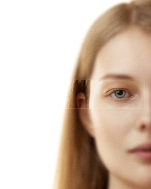 Çağdaş sanat kolajı. Gözlere odaklanmış, kendine güvenen, sosyal sorunları yansıtan bulanık bakışlar. Kadın sessiz görünüyor. Duygular, psikoloji, insan hakları kavramı