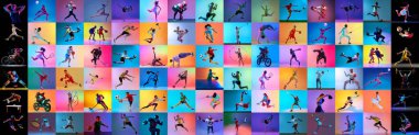 Renkli kolaj. Genç sporcular eskrim, dövüş sanatları, halter ve takım sporları gibi çeşitli sporlar yapıyorlar. Farklı spor anlayışı, yaratıcılık, denge. Ad