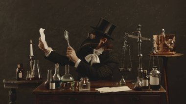 Veba doktoru, tarifi incelikle okur. Esrarengiz geçmişle karşılaştırıldığında antika laboratuarında tedavi için ideal bir ilaç randevusu. Dönem, tıp ve ilaç karşılaştırmaları kavramı