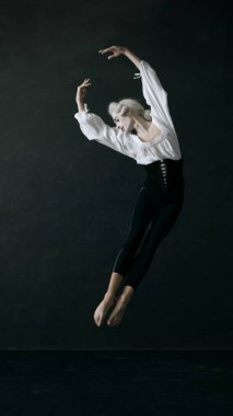 Dinamik fotoğraf asilzadesi, klasik tarzda arka plana karşı sergilediği bale gösterisinde zarafetle modern atletizmi harmanlıyor. Modern ve klasik, sanat, müzik ve parti, bale kavramı. Ad