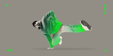 Çağdaş sanat kolajı. Kapüşonlu ve pantolonlu neon yeşil ışıklı break dansçı, şehir kültürünü ve çevikliğini ön plana çıkarıyor. Profesyonel spor, dans, hobi ve aktivite kavramı.