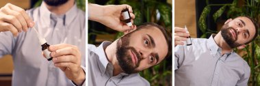 Young ill man administering ear drops, tilting head, applying liquid for ear discomfort treatment. Symptom and treatment. Concept of medicine, pharmaceutical, marketing. Ad clipart