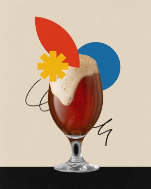 Poster. Çağdaş sanat kolajı. Doldurulmuş köpüklü, soyut renkli şekillerle süslenmiş zengin kehribar birası. Bauhaus tarzı enerji katar. Parti anlayışı, Cuma havası, bira fabrikası..