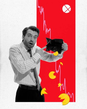 Modern sanat kolajı. Boş cüzdanı ve yere düşen bozuk paraları olan şaşırmış genç bir adam. Arkaplandaki grafiğe karşı iflas gibi. İş stratejisi, yatırım, kalkınma kavramı.