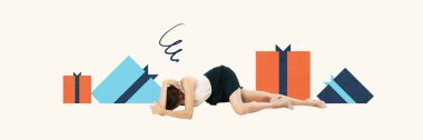 Contemporary art collage. Woman lying among gift boxes, showing collapse under weight of unfulfilled personal and professional goals. Concept of Blue Monday, overworked, emotional burnout. clipart