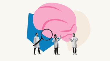 Hareketi durdur. Animasyon klibi. Tıp çalışanları, doktorlar, beyin üzerinde araştırma yapan bilim adamları, yeni tedaviler ve insan davranışları keşfediyorlar. Psikoloji, hafıza, beyin analizi kavramı