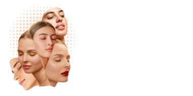 Kolaj. Gözleri kapalı, sarı, pembe ve kırmızı tonlarda parlak makyaj yapan kadınlar, beyaz arka plana karşı çeşitliliği ve doğal güzelliği sembolize ediyorlar. Güzellik kavramı, özbakım, cilt bakımı