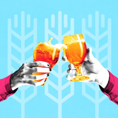 Kavramsal grafik tasarım. İki el, soyut buğday motifli parlak mavi arkaplan karşısında altın bira bardaklarıyla kadeh kaldırıyor. Kutlama konsepti, geleneksel festivaller. Pop sanat tarzı.