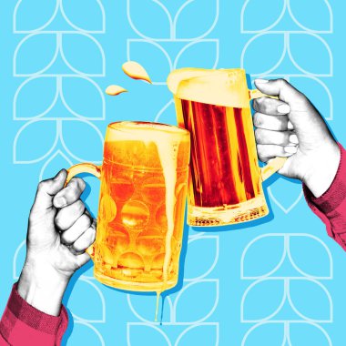 Kavramsal grafik tasarım. İki el köpüklü bira bardaklarını soyut yaprak esinlenmiş mavi çizimlerle birbirine vuruyor. Kutlama anlayışı, geleneksel festivaller, parti havası. Pop sanat tarzı