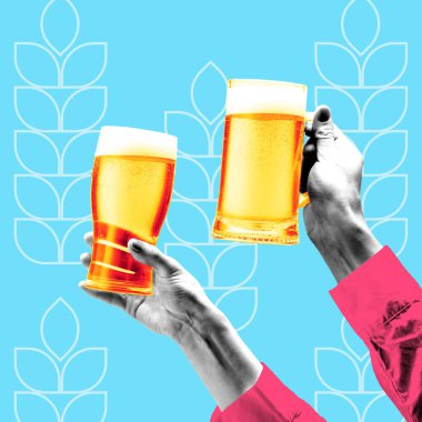 Kavramsal grafik tasarım. Eller köpüklü bira kadehlerini kaldırıyor, canlı tonlar mavi arkaplana karşı bütünlüğü ve neşeyi soyut yaprak desenleriyle sembolize ediyor. Geleneksel festival kavramı. Pop sanat.