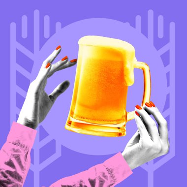 Kavramsal grafik tasarım. Mor arka planda köpüklü bira bardağına uzanan eller festival havasını ve parti enerjisini sembolize ediyor. Kutlama konsepti, geleneksel festivaller. Pop sanat tarzı.