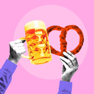 Kavramsal grafik tasarım. Elleri bira bardağı ve simit tutarken, renkli pembe arka planda kültürel şenliklerin altını çizerek. Kutlama konsepti, geleneksel festivaller. Pop sanat.
