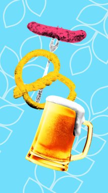 Kavramsal grafik tasarım. Kraker, sosis ve bira kupası, mavi arka planda yaprak desenli, geleneksel bayram aromalı ve modern parti havasında. Kutlama anlayışı, festivaller. Pop sanat.