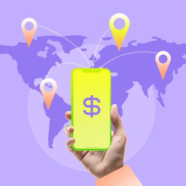 Kavramsal sanat kolajı. El ele tutuşan yeşil telefon, arkasında dolar işareti, harita ve lokasyon şifreleri, küresel mali işlemleri sembolize ediyor. İş ve finans kavramı, bankacılık, gelir. Ad