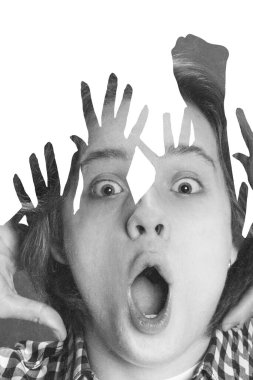 Contemporary art collage. Young man with wide-open eyes and mouth, expressing shock, layered with silhouettes of hands. Black and white, textured effects. Concept of emotions, social issues. Ad clipart