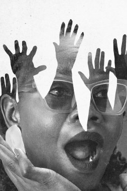 Modern artwork. Woman in glasses, hands near face, mouth open, layered with hands, portraying surprise. Community challenges. Black and white, textured effects. Concept of social issues, sport fans. clipart