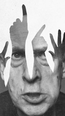 Modern sanat tasarımı. Ellerle çevrili, yoğun ifadeli yaşlı bir adam, bilgelik ve kolektif sorumluluk arasındaki gerilimi simgeliyor. İnsan duyguları kavramı, sosyal meseleler, spor hayranları. Ad