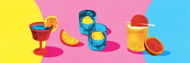 Pankart. Modern sanat eserleri. Portakal dilimleri ve canlı pembe-sarı-mavi arka planda buz küpleriyle çeşitli renkli içecekler. Parti ve disko kavramı, festival, retro. Pop sanat tarzı. Doku efekti.