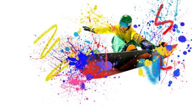 Kavramsal sanat kolajı. Sarı ceketli, yeşil pantolonlu, havada dengeli, yaratıcılığı ve heyecan verici yolculuğu sembolize eden renkli bir arka plan. Kış sporu, yaşam tarzı, yaratıcılık kavramı. Ad