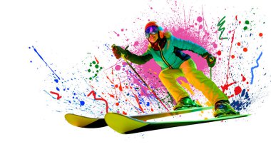 Kavramsal sanat kolajı. Arkaplanda canlı kıyafetli kayakçı renkli sıçramalarla yokuş aşağı hareketinin tutku ve dinamik enerjisini vurguluyor. Aşırı kış sporu kavramı, yaratıcılık. Ad